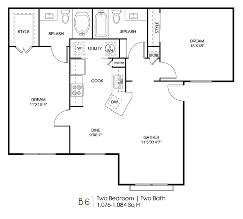 Floor plan for 2 beds, 2 baths, 990 sqft